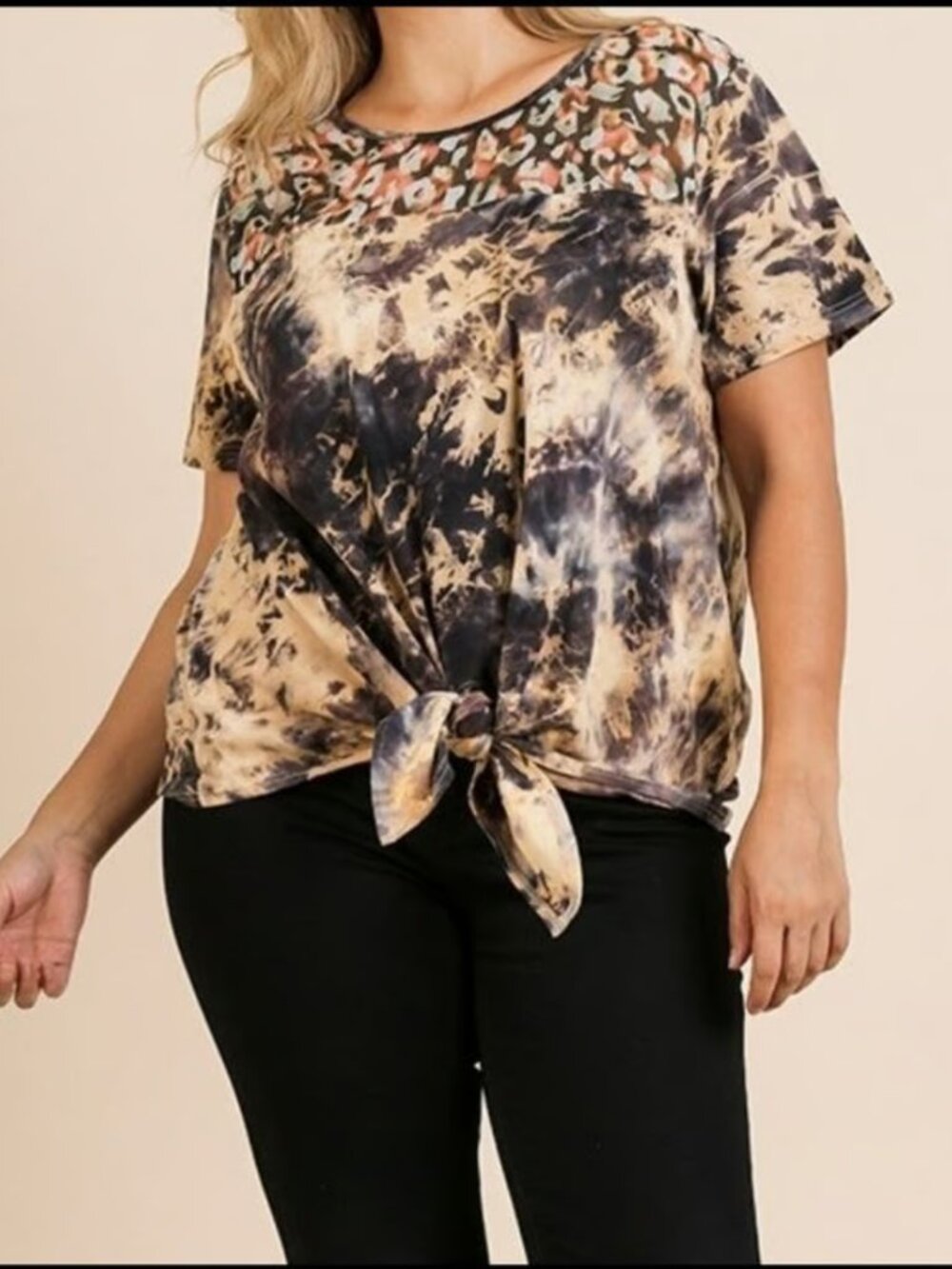 UMGEE Shirt Womens XL Blue Tie Dye Leopard Print Front Tie Top Boho